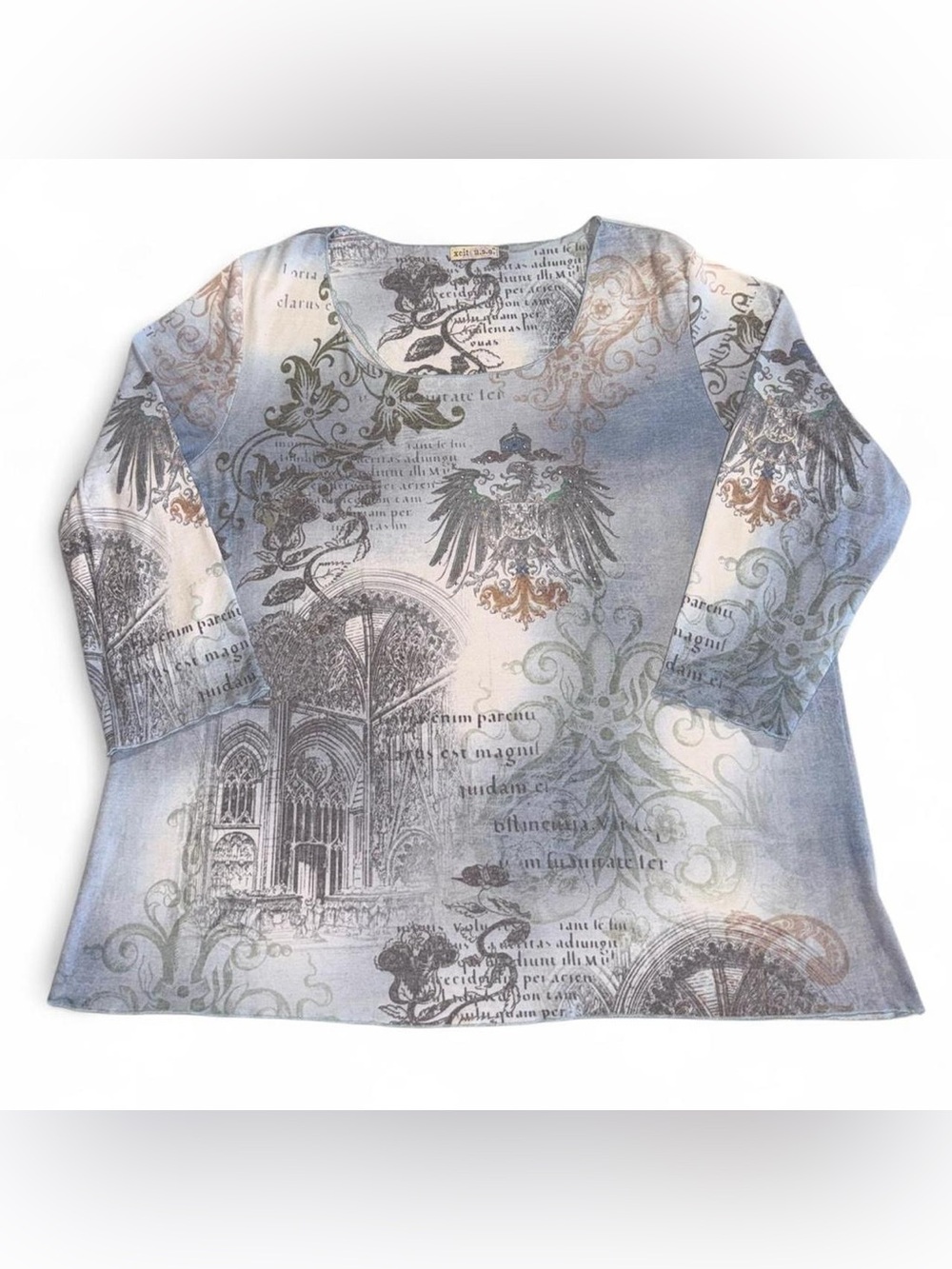 Women's-Style Long Sleeve V-Neck Shirt with Faded Blue and Cream Graphic